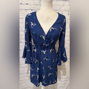 Miss Selfridge Blue Floral Belt Sleeve Belted Dress Size 6